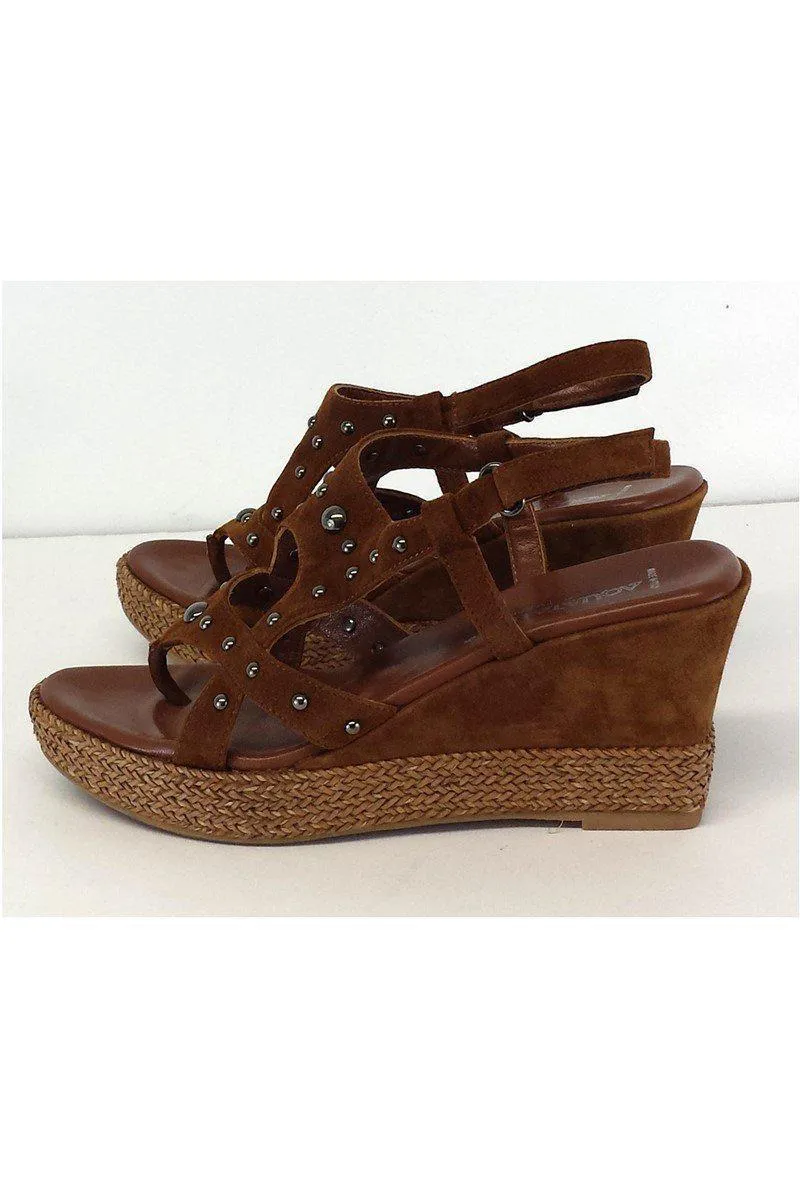 Aquatalia - Brown Gunmetal Studded Suede Wedges Sz 9