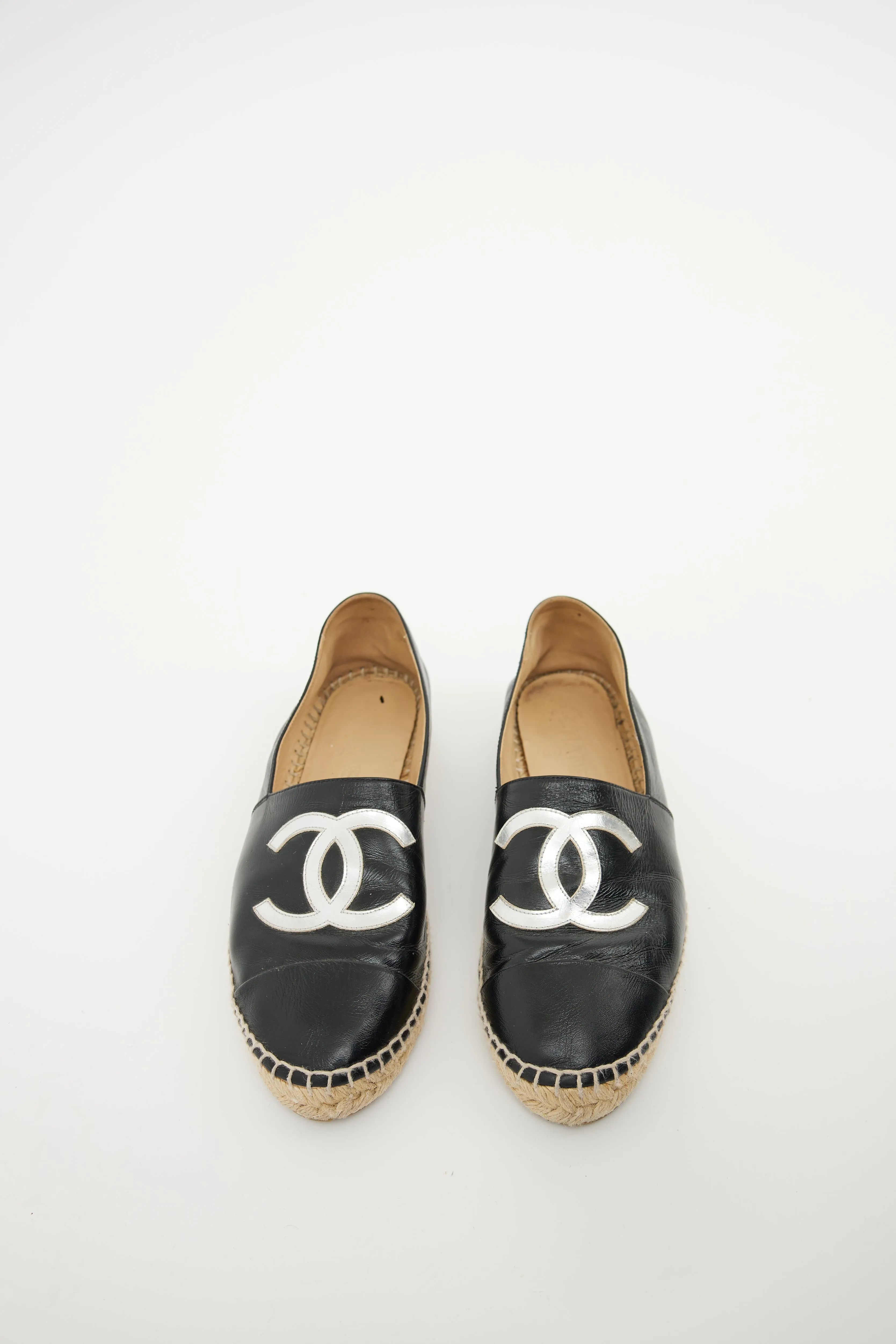 Black & Silver Leather CC Logo Espadrille
