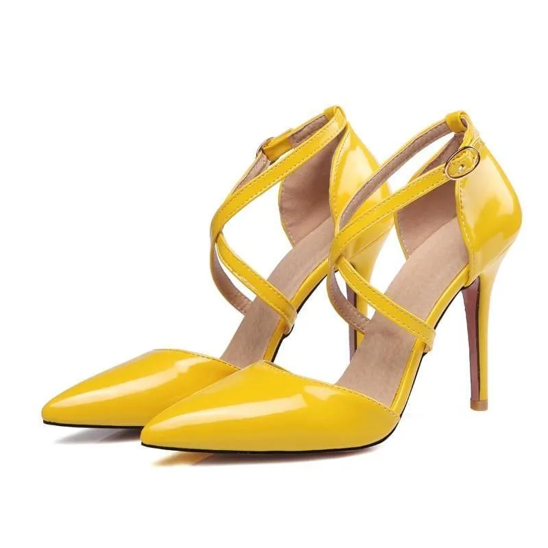 Candy Color Pointed Toe Cross Strap Pumps Ankle Strap Pumps