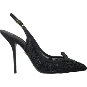 Dolce & Gabbana Black Tulle Ricamo Heels Slingbacks Shoes