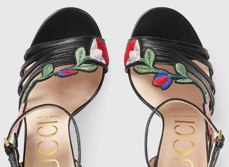 Embroidered Leather Mid Heel Sandals