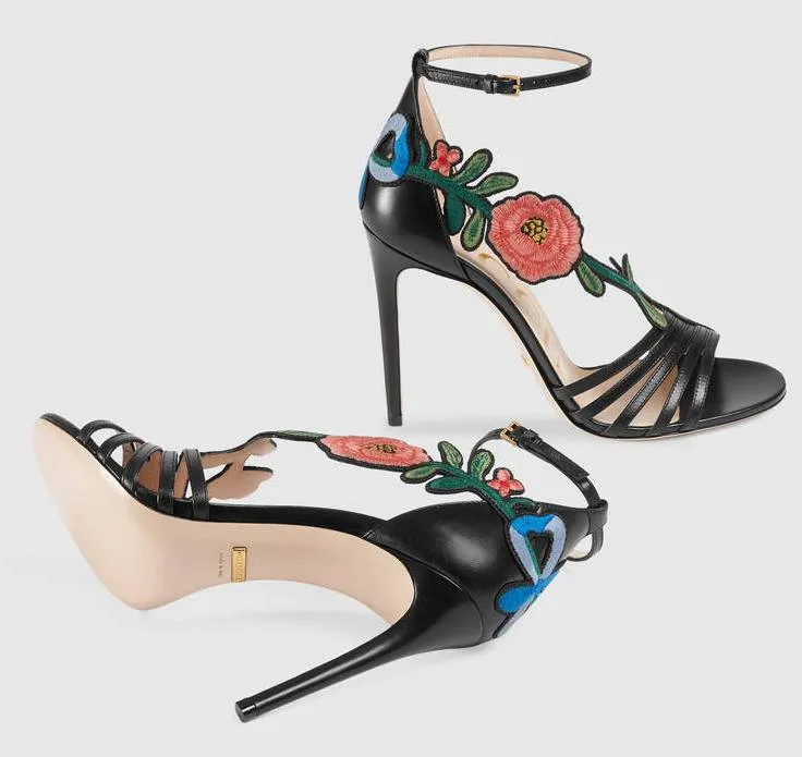 Embroidered Leather Mid Heel Sandals
