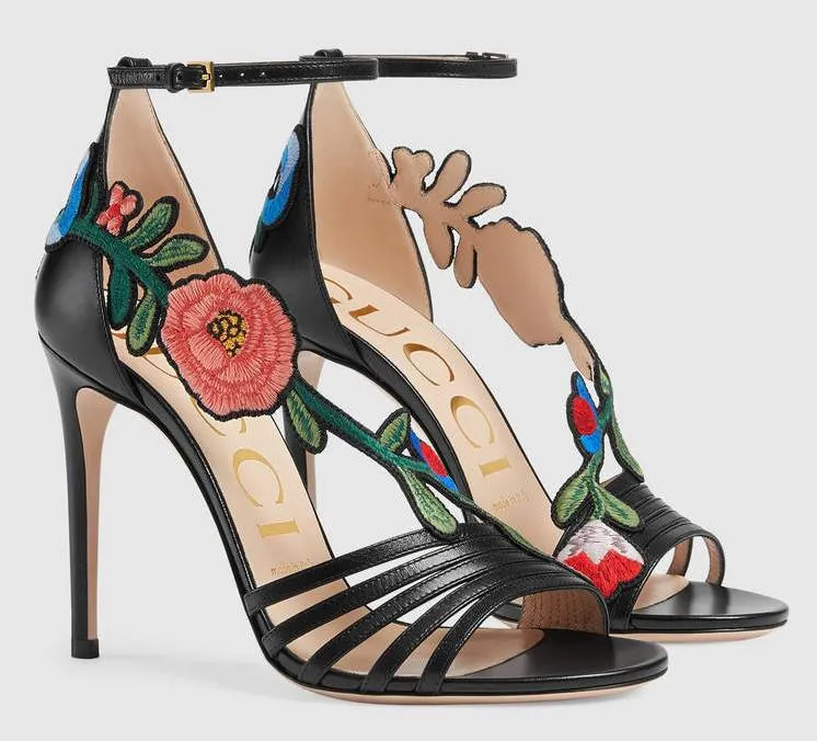 Embroidered Leather Mid Heel Sandals