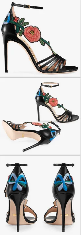 Embroidered Leather Mid Heel Sandals