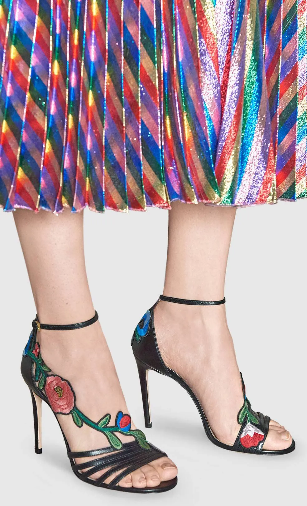 Embroidered Leather Mid Heel Sandals