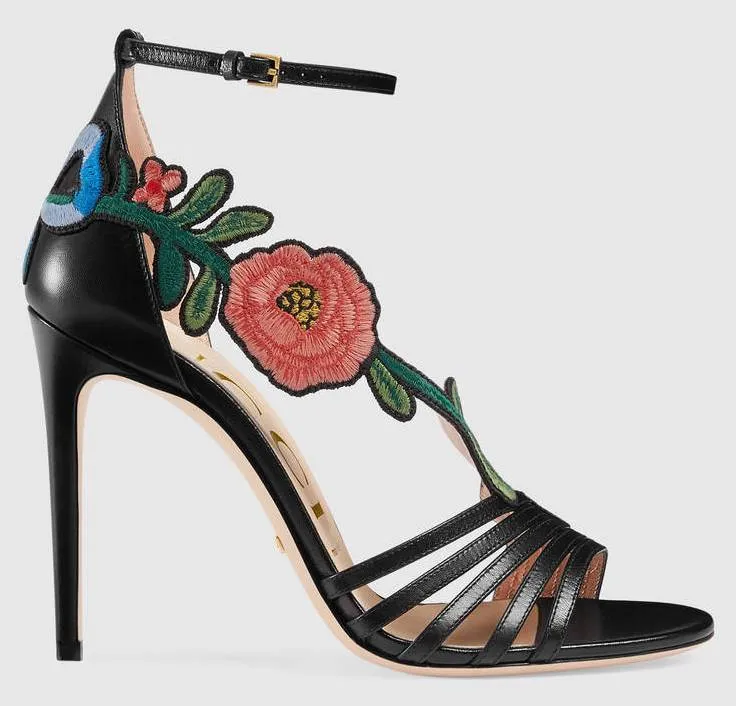 Embroidered Leather Mid Heel Sandals