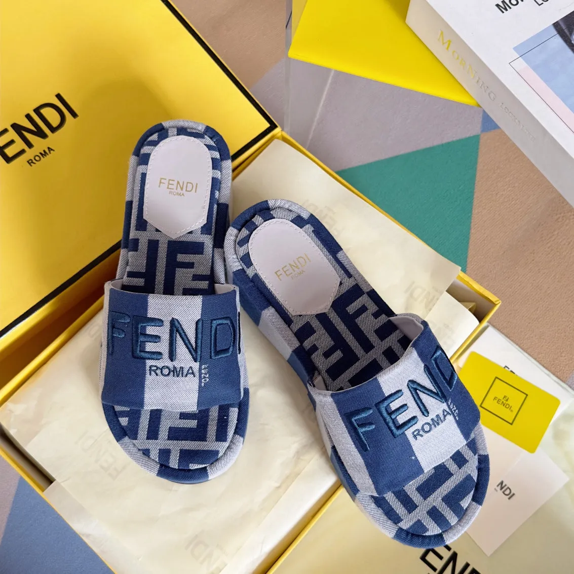 FF Sunshine 65 Blue Grey Canvas Flatform Slide
