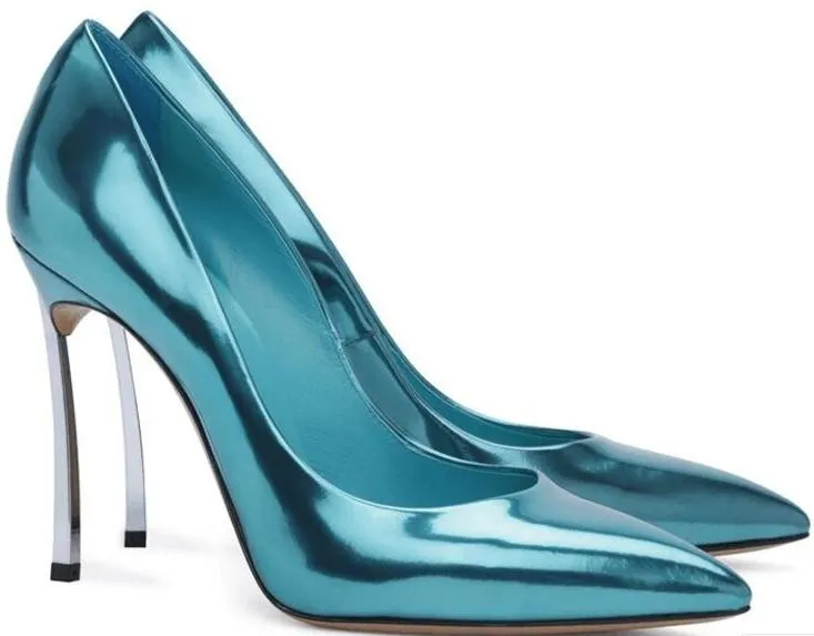 Metallic Leather Blade-Heel Pumps in Silver or Teal