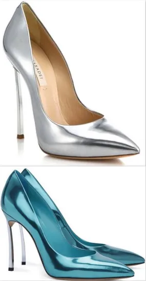 Metallic Leather Blade-Heel Pumps in Silver or Teal