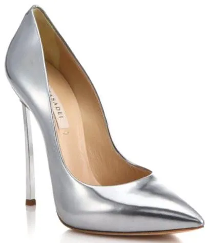 Metallic Leather Blade-Heel Pumps in Silver or Teal
