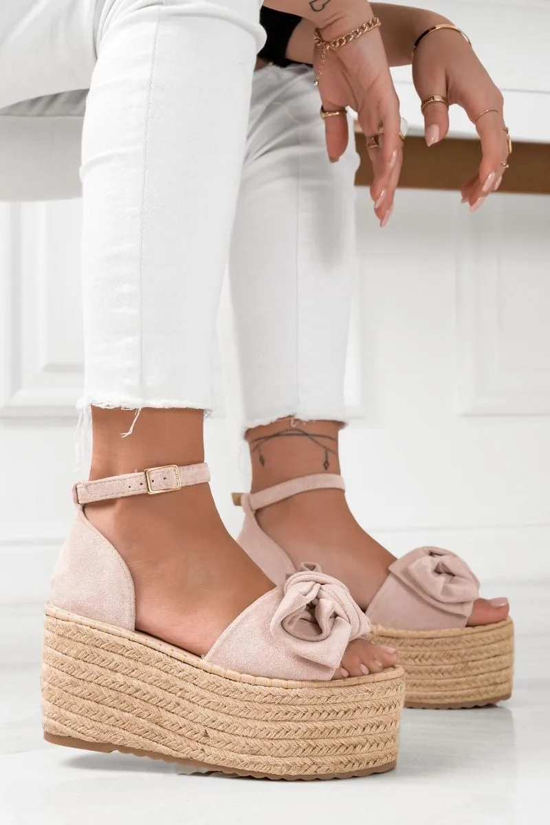 Sandali espadrilles con zeppa alta e fiocco nude