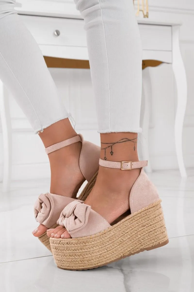 Sandali espadrilles con zeppa alta e fiocco nude