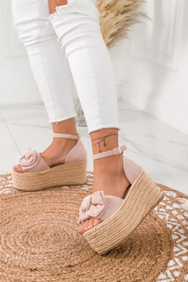 Sandali espadrilles con zeppa alta e fiocco nude