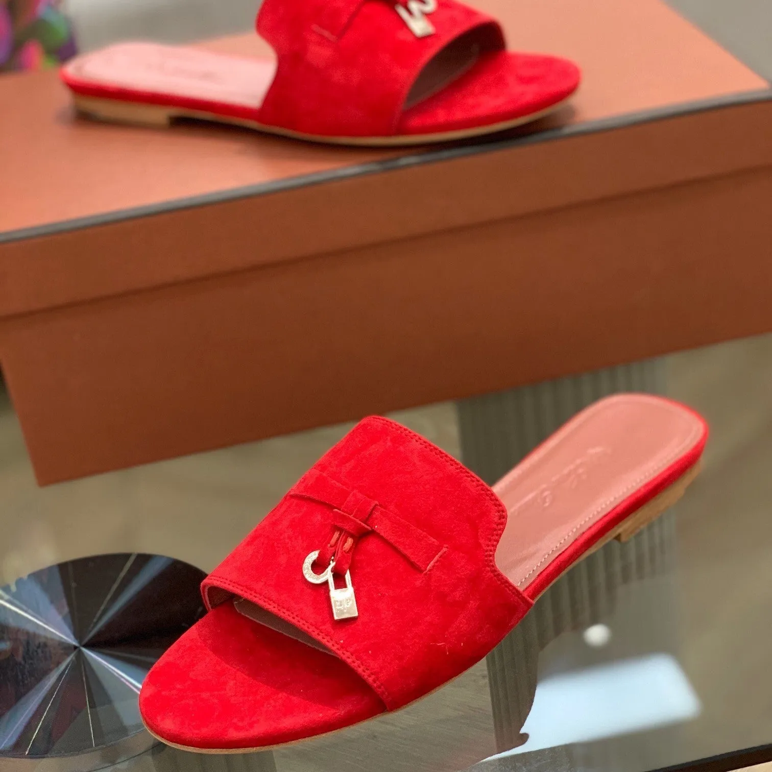 Summer Charms Sandals in Red Suede Pink Lambskin