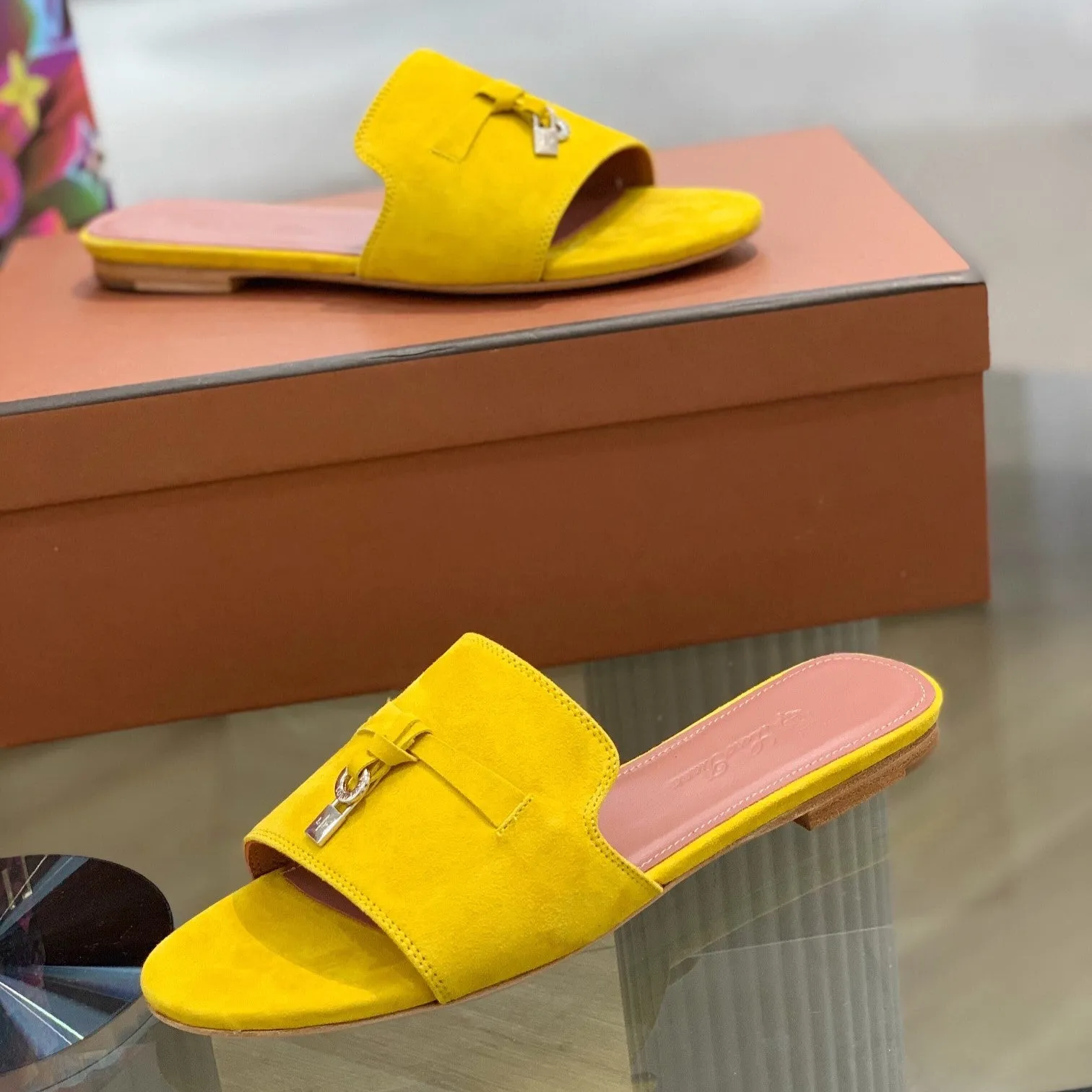 Summer Charms Sandals in Yellow Suede Pink Lambskin