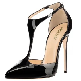 T-strap Women Sexy 12cm Pumps Ankle Buckle Black Patent Dress Party High Heels