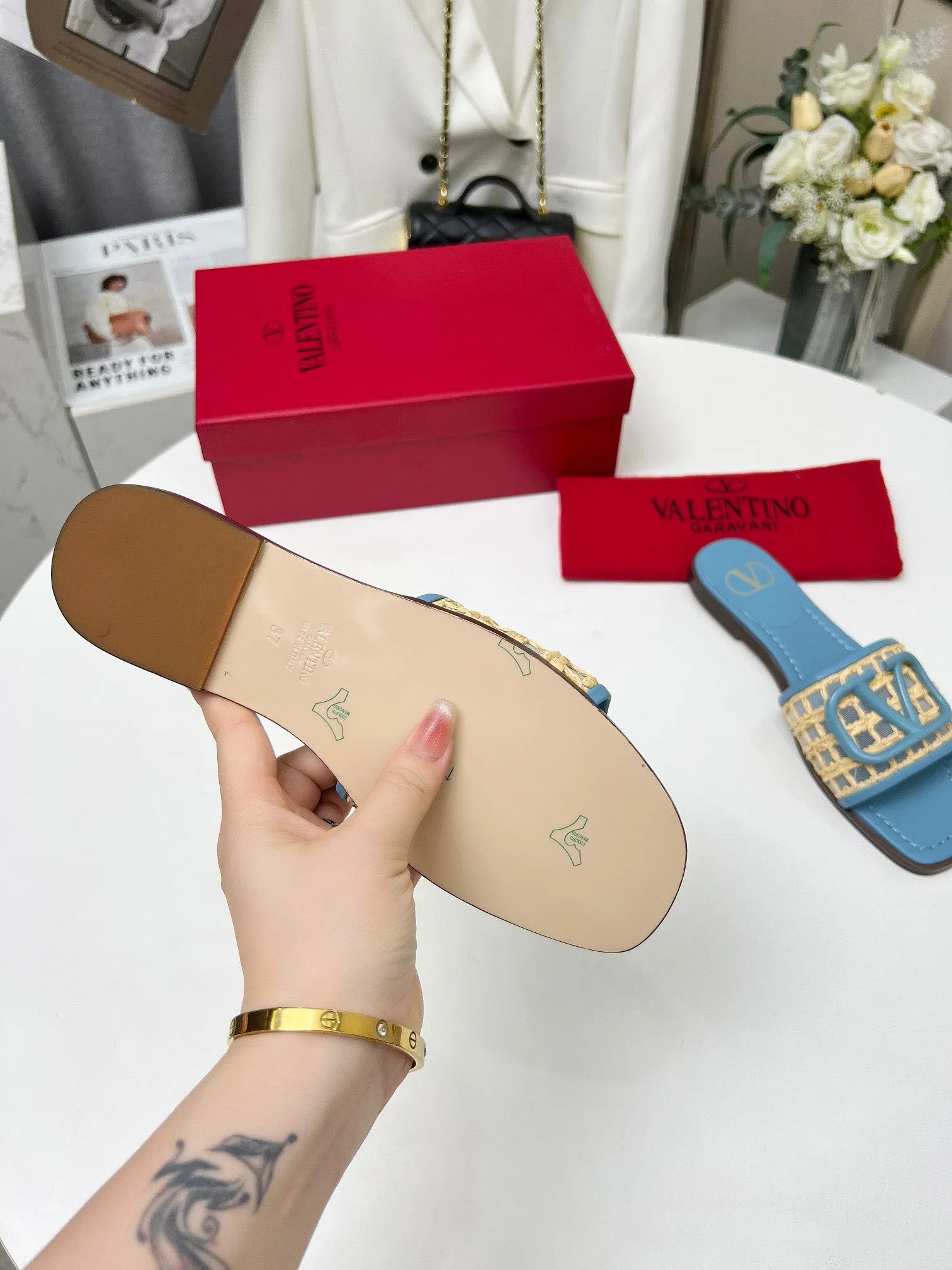 Vlogo embellished leather-trimmed raffia slides baby blue