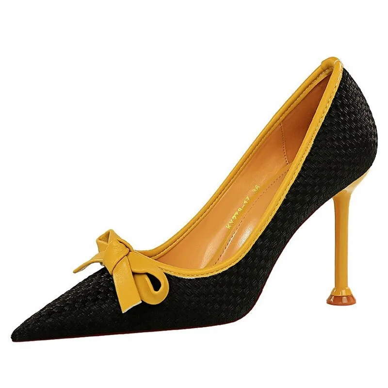 xiangtuibao Spring/Autumn Women's Shoes Fashion Lace Patchwork Sexy High Heels Butterfly-Knot Pointed Toe Office & Career Pumps